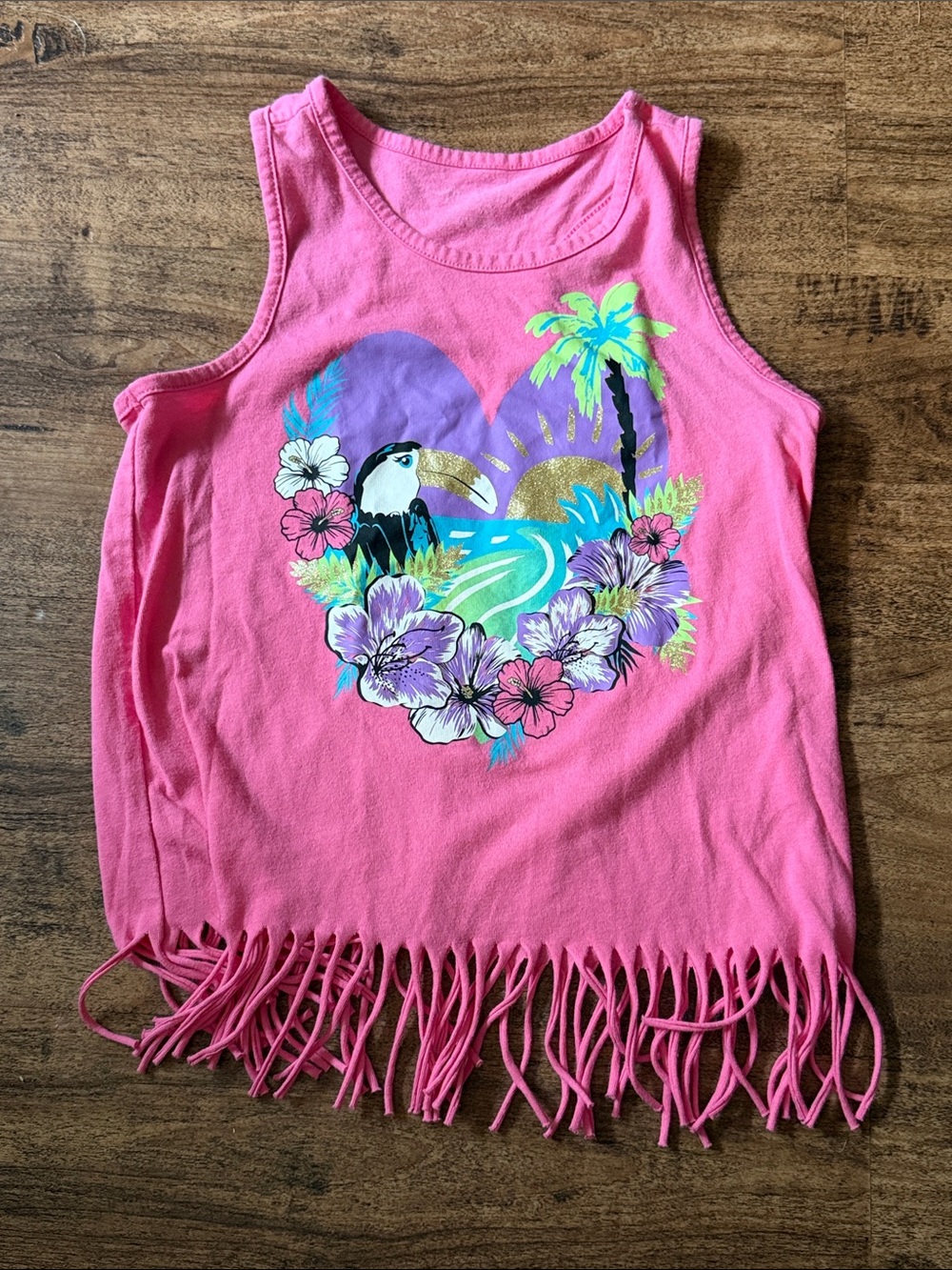 Girls Pink Fringe Tropical Tank Top size 7/8 medium